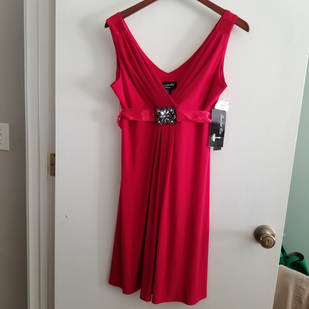 Red Dress with Rhinestone Detailed Sash Size 8 Petite
